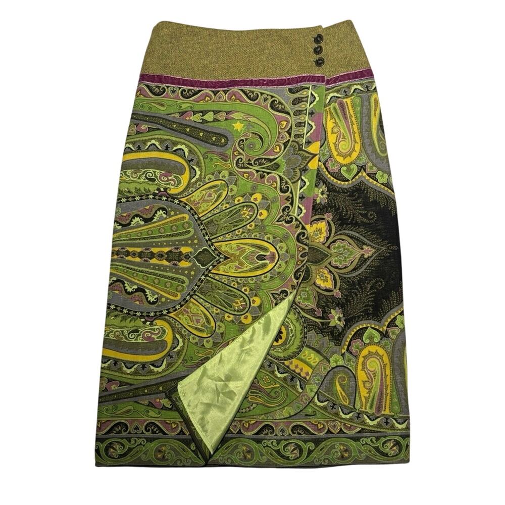 ETRO Milano Italy Wool Paisley Wrap Skirt Green Purple Silk Blend Lined IT 40
